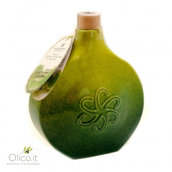 Handmade Deruta Ceramic flask "Green Fog" with Extra Virgin Olive Oil