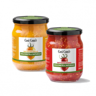 Duo Dolcimetà Così Com’è: Natürliche halbierte rote und gelbe Datterino Tomaten 540 gr x 2